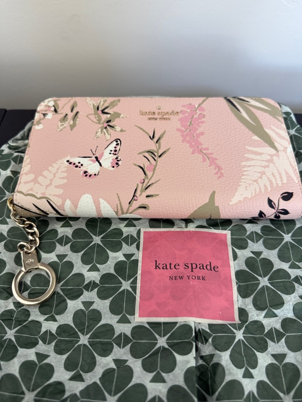 kate spade Pink Floral Butterfly Wristlet with Gold Hardware